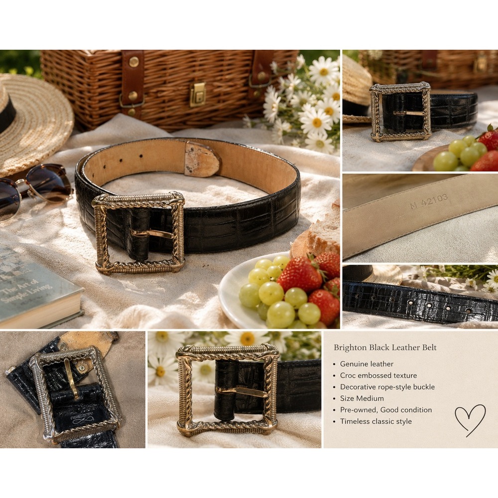 Brighton Womens Black Croc Embossed Leather Belt Silver Rope Buckle M 42103